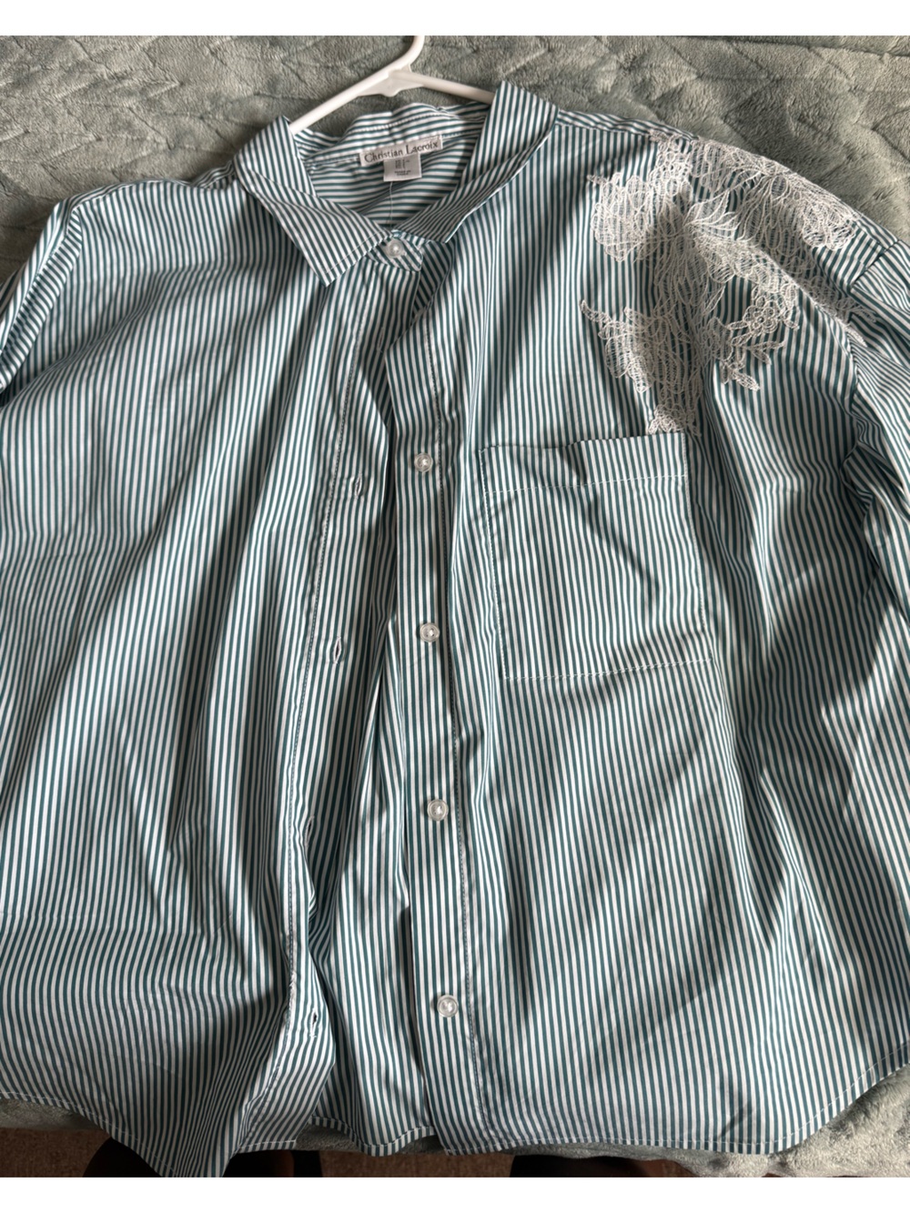 Striped Green Button-Down Shirt with Lace Detail - Womens - Picture 2 of 5